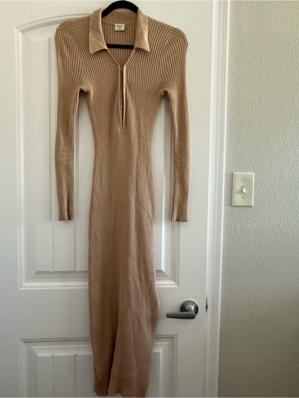 Abercrombie & Fitch Tan Ribbed Long-Sleeve Polo Maxi Dress
